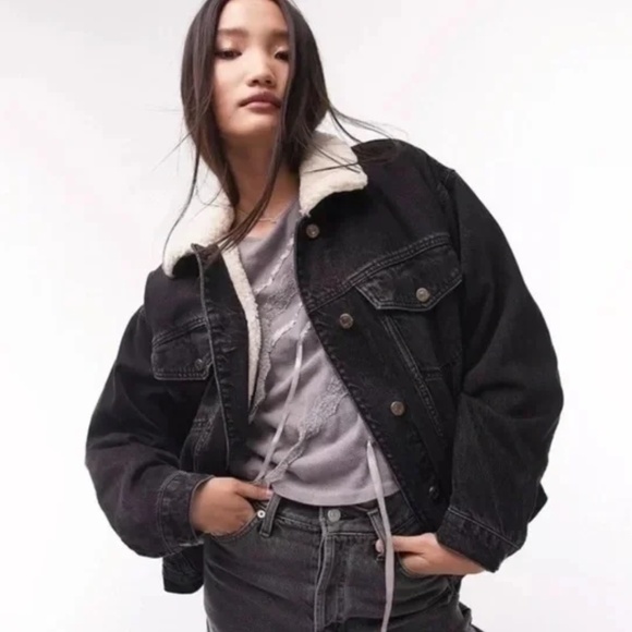 Topshop Jackets & Blazers - Topshop Black Denim Sherpa Moto Jacket